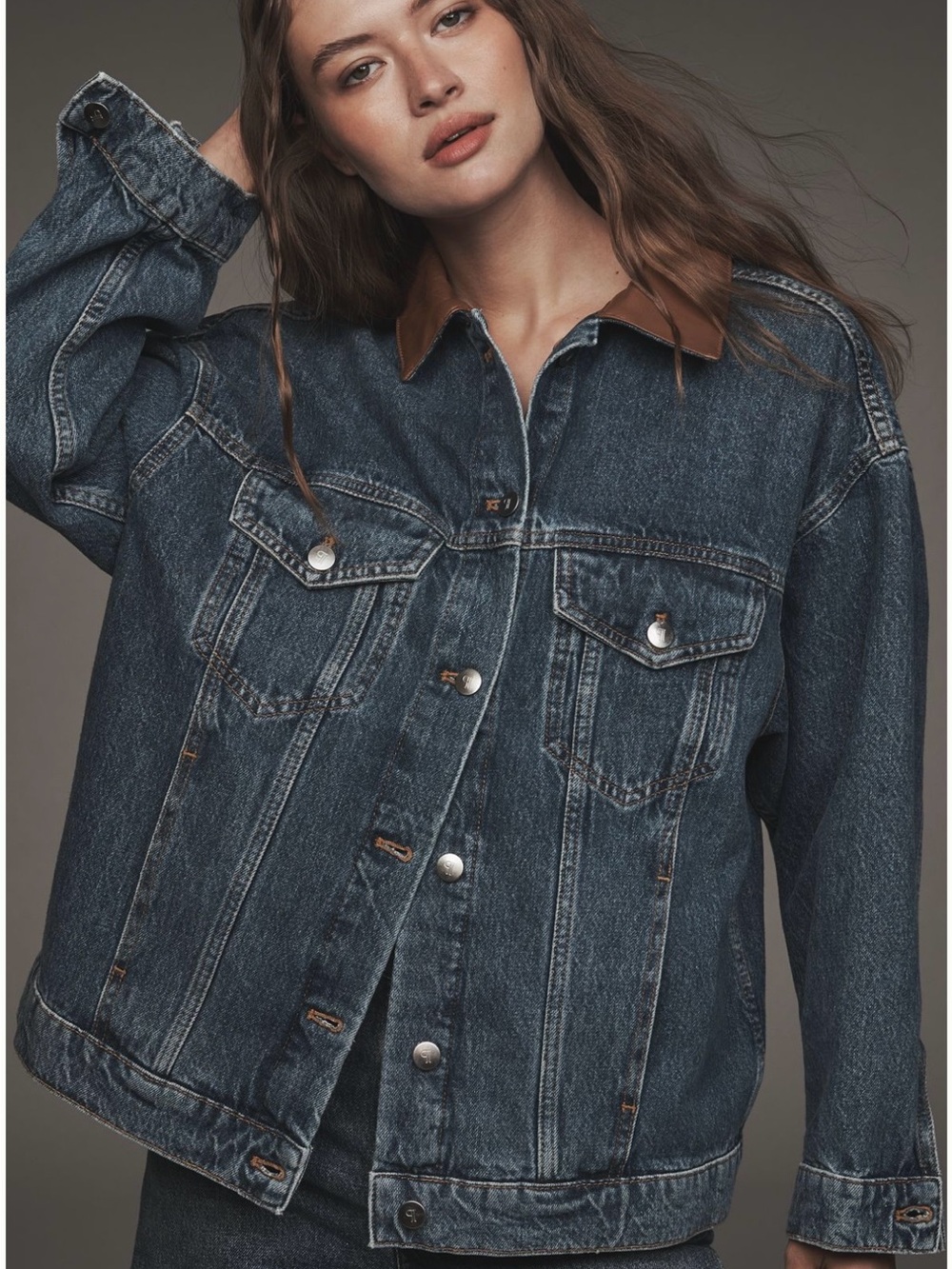 Pilcro / Anthropologie -The Weston Leather-Collar Denim Boyfriend Jacket- M -NWT - Picture 4 of 8